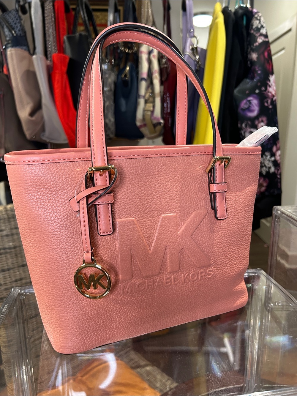 Michael Kors Coral Pink Jet Set MK Embossed Leather Tote 8.5”x 4”x 7.5” NWT - Picture 4 of 6